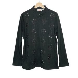 Quacker Factory Sequin Jacket Large Black Full Zip Embroidered Dark‎ Romance